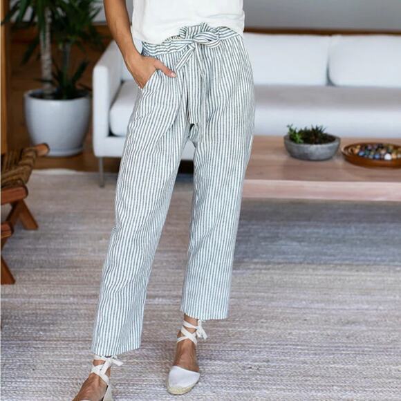 Maurice’s Paper Bag Linen Blend Pant Seersucker Stripe White - Picture 1 of 6